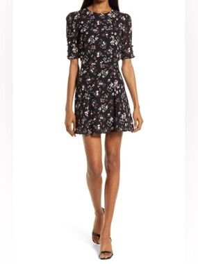 Reformation Bard Mini Dress Jolene Black Floral Women’s Size 8 Puff Sleeve